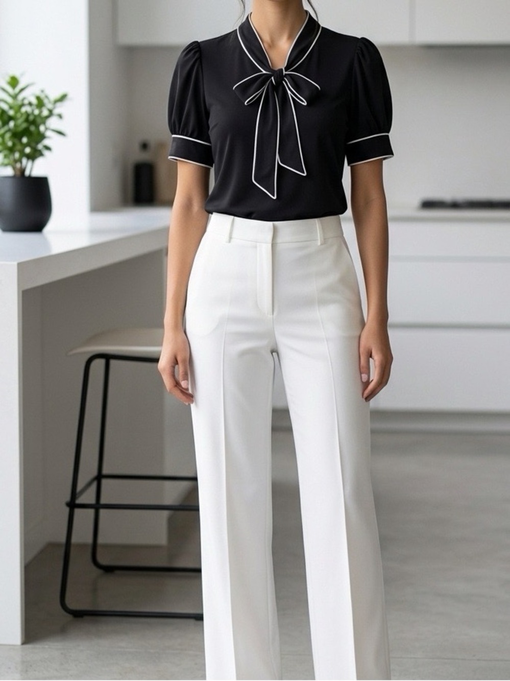 Adrianna Papell Black Tie-Neck Blouse with White Piping Size Small